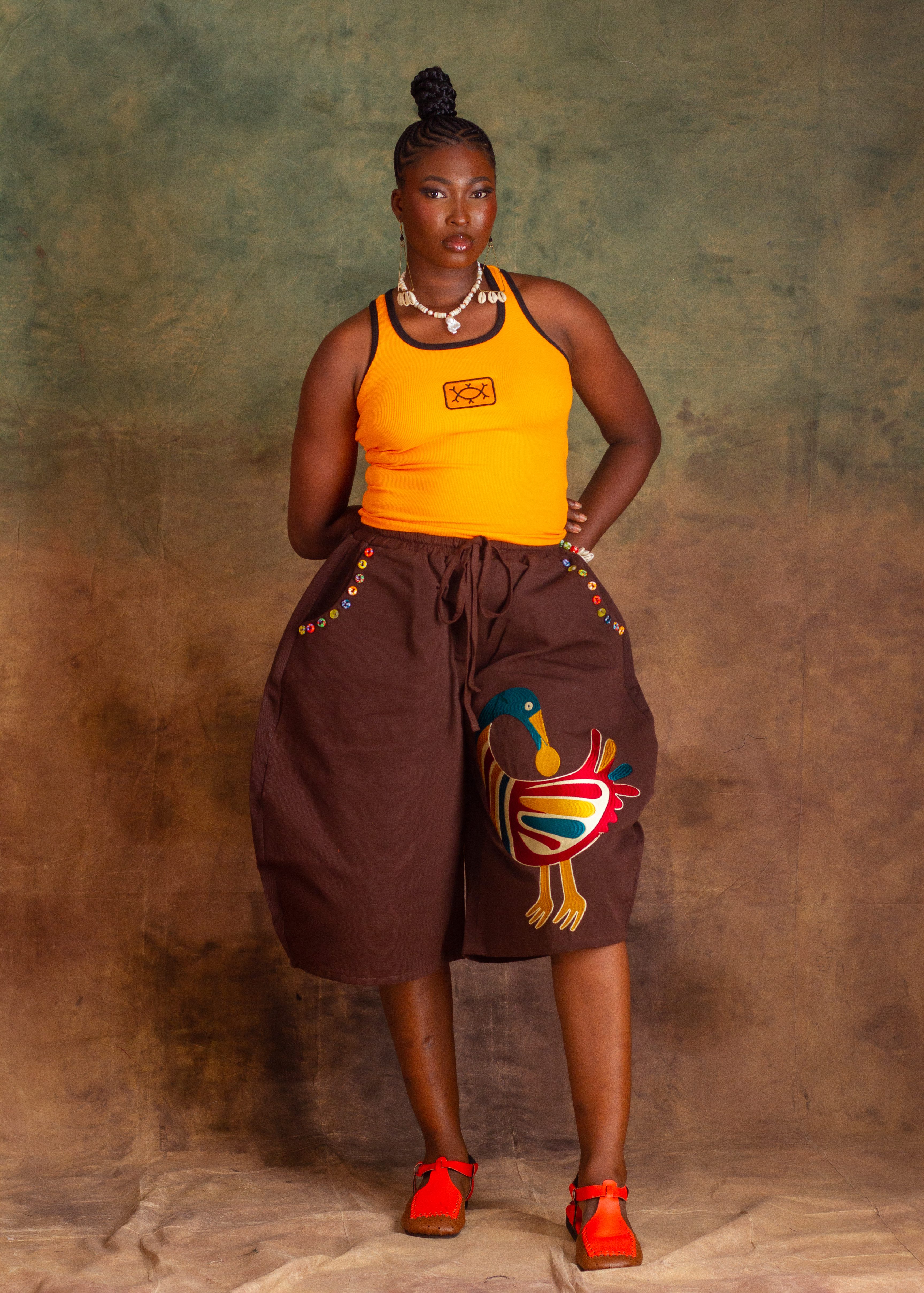 SANKOFA BARREL JORTS - COFFEE BROWN